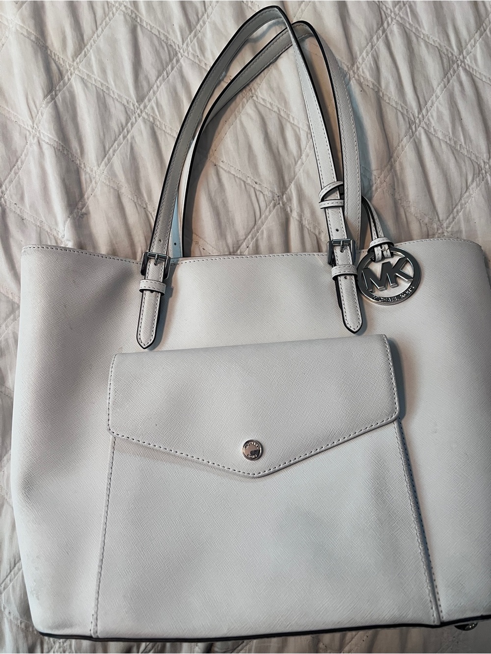 Michael Kors White Leather Tote with Front Envelope Pocket